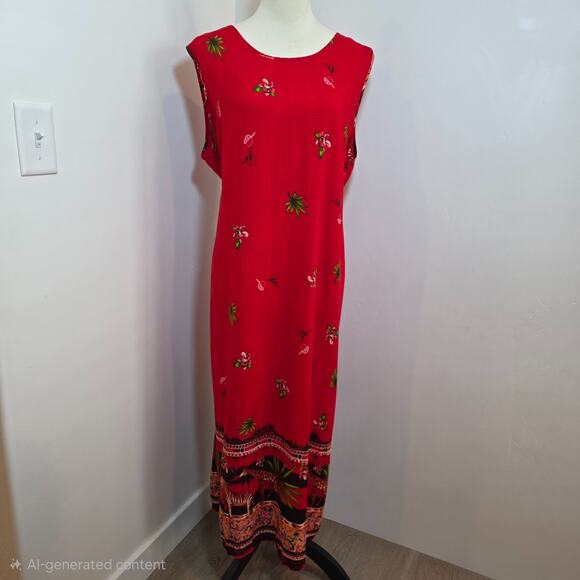 Jane Ashley Red Hawaiian Tropical Floral Maxi Dress Size 2X  Jungle Safari Beach - Picture 1 of 8